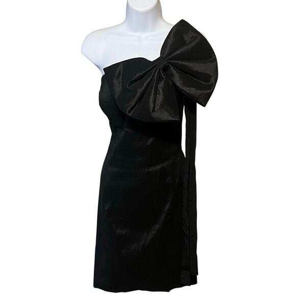 VTG Mac Duggal Couture Sz 6 One Shoulder Bow Cocktail Dress Black Mini Hoco Prom - Picture 1 of 8